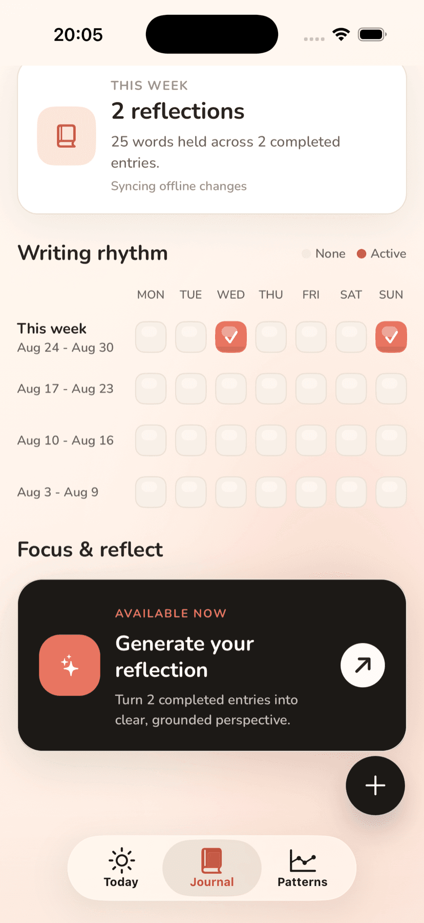 InnerWeek Journal screen showing the spotlight card for generating a reflection