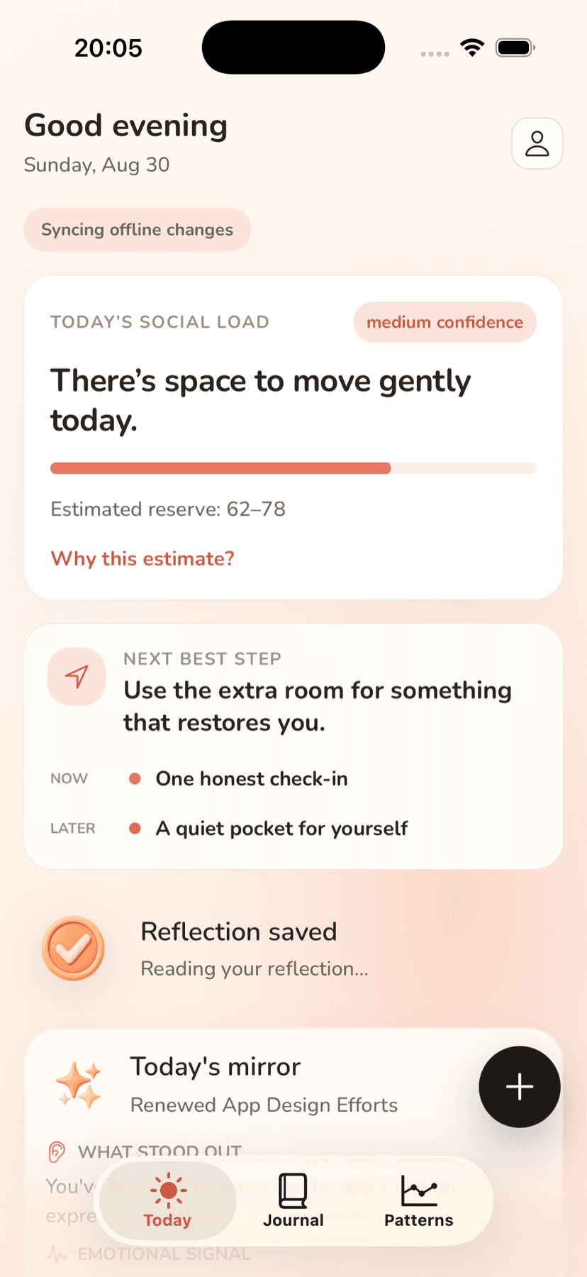 InnerWeek Today screen showing a social energy range, next best step, and saved reflection